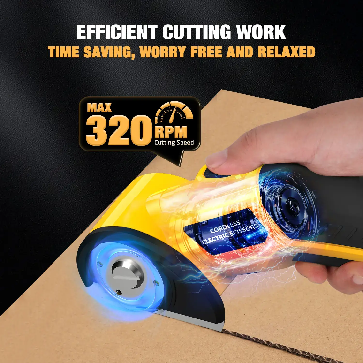 【Gift】Cordless Electric Scissors 4V – Rechargeable Heavy Duty Cutter with Safety Lock, LED Light, Long Battery Life & 2 Extra Blades | Easy-to-Use Wireless Shears for Cardboard, Packaging Yellow with Storage Bag