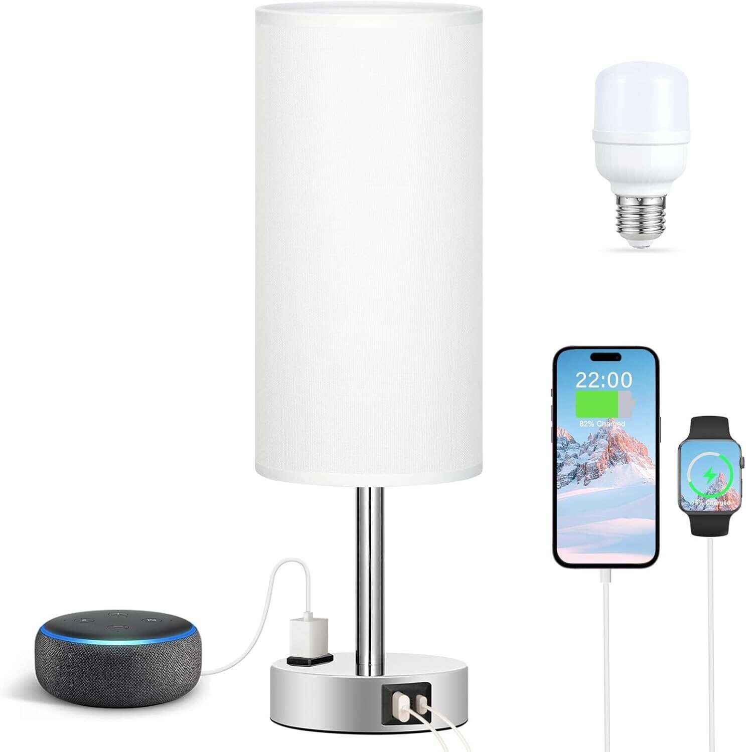 Bedside Table Lamp for Bedroom - 3 Way Dimmable Touch Lamp USB C Charging Ports and AC Outlet, Small Lamp Wood Base Round Flaxen Fabric Shade for Living Room, Desk, LED Bulb Included