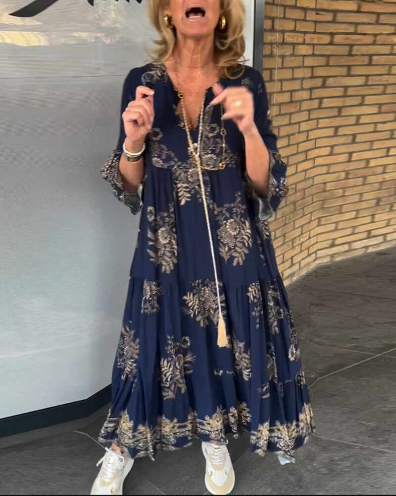 🔥Summer Arrivals🌟💃Hot sale new product 50% off👗 - Navy blue print loose retro V-neck dress