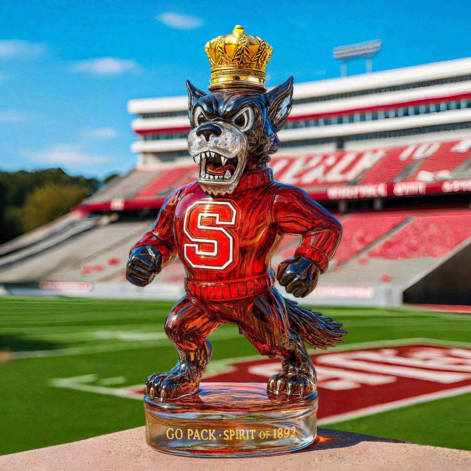 Wolfpack Spirit NCSU Tuffy Whiskey Sculpture Bottle