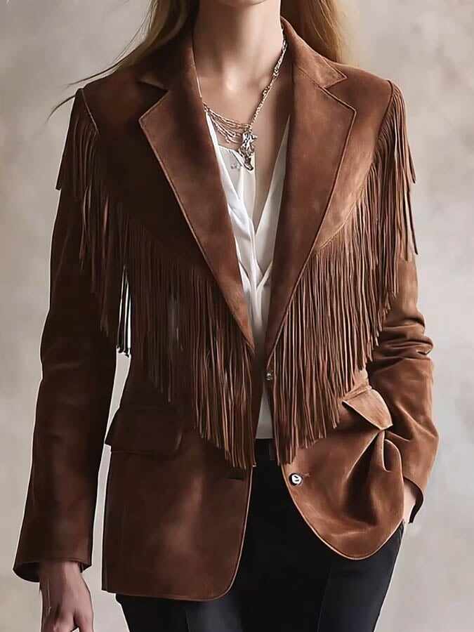 Women's Western Casual Collar Suede Tassel Jacket