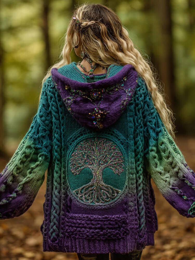 Women's Vintage Viking Tree Of Life Gradient Art Knit Zipper Cardigan Sweater