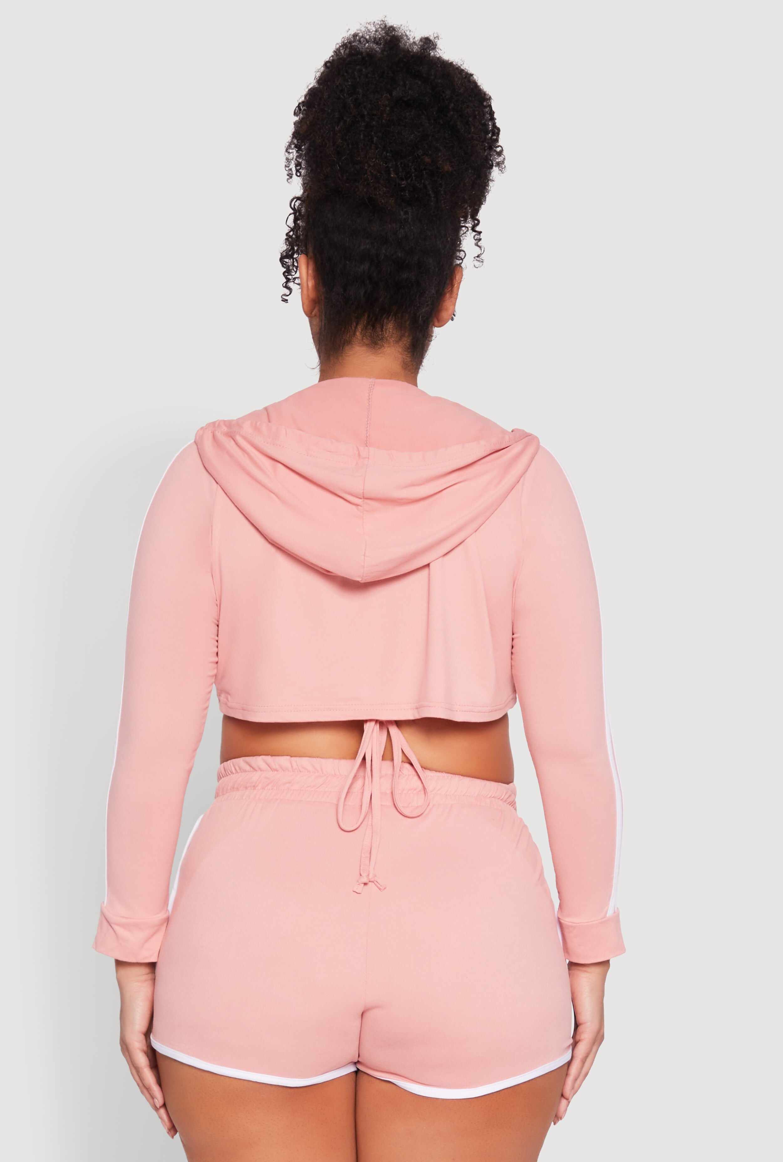 Plus Size Varsity Stripe Zip Front Cropped Hoodie