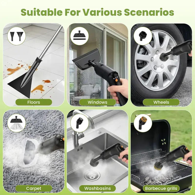 Household and car steam cleaner, 1500W power, 3-Level Adjustable, 1.4L large-capacity water tank, comes with 15 accessories, handheld steam cleaner, suitable for fine cleaning of cars, kitchen grease, tile grout cleaning, and furniture cleaning.