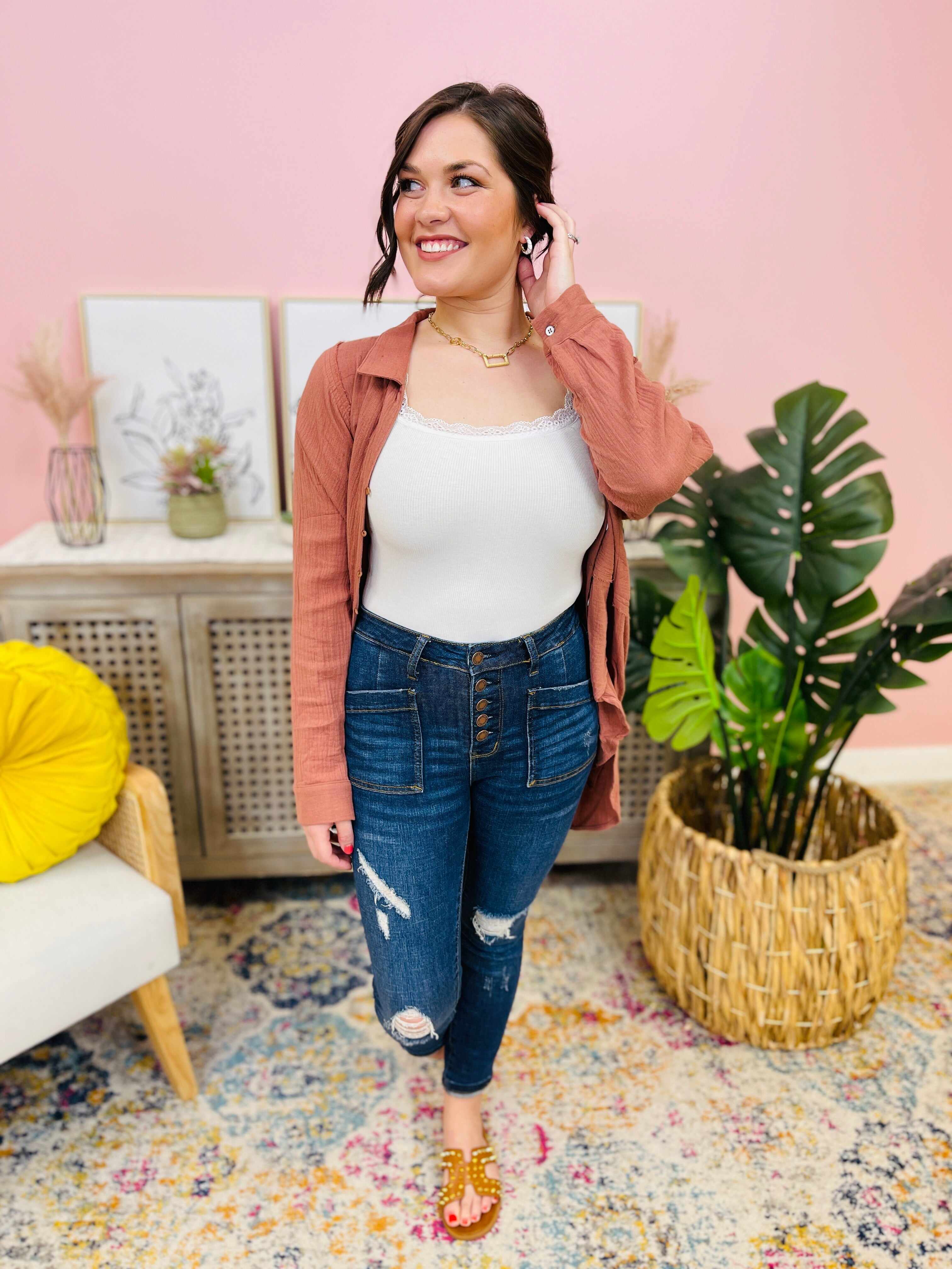 RESTOCK! Plus/Reg My Goodies Button Fly Patch Pocket Skinny Jean