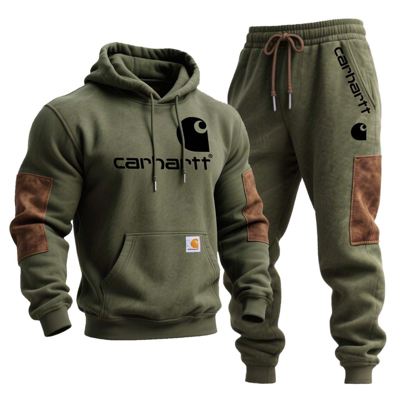 Men's Vintage Army Green Stitching Brown Suede Pocket Hoodie And Sweatpants Jogger Set
