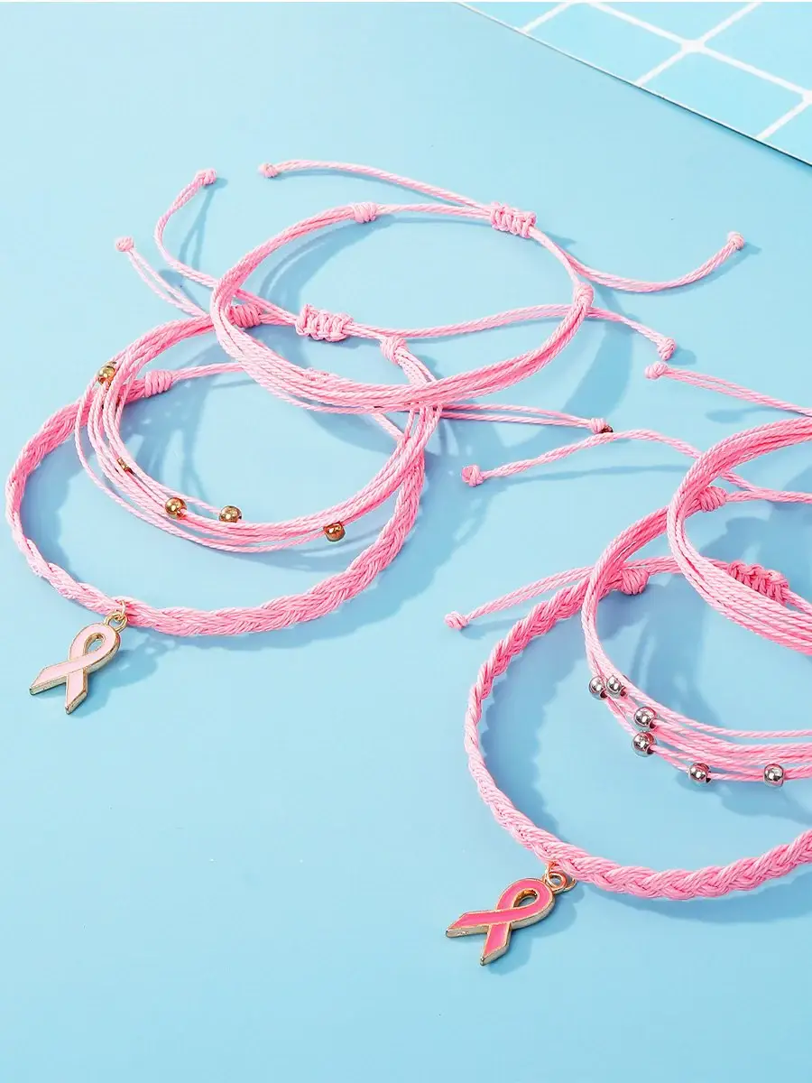 Handwoven Pink Ribbon Pendant Multi-layer Bracelet