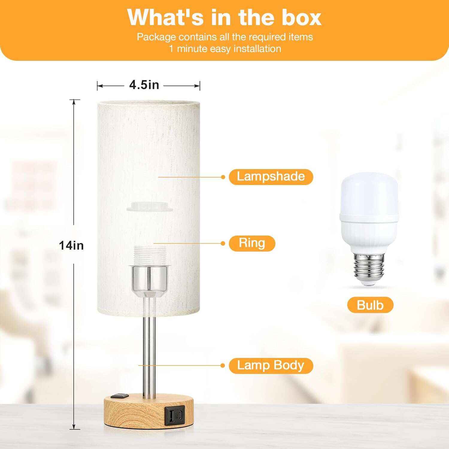 Bedside Table Lamp for Bedroom - 3 Way Dimmable Touch Lamp USB C Charging Ports and AC Outlet, Small Lamp Wood Base Round Flaxen Fabric Shade for Living Room, Desk, LED Bulb Included