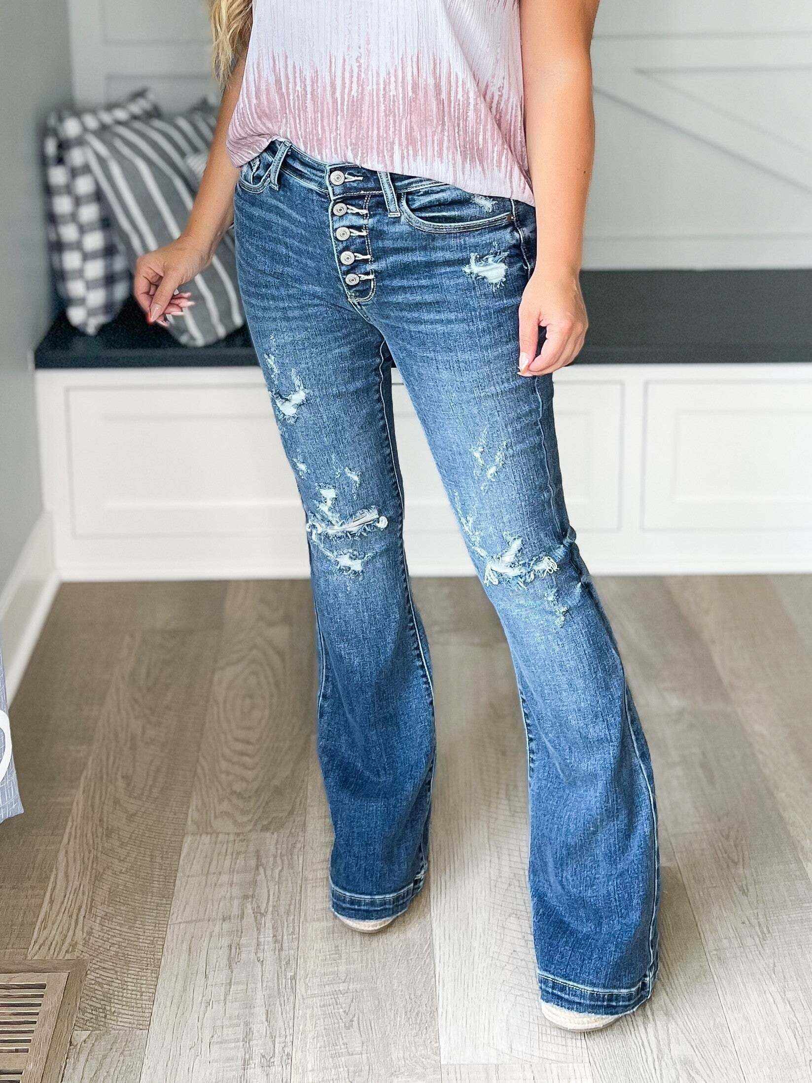 Long Weekend - Christmas Button Fly Trouser Flare Jeans- Final Sale