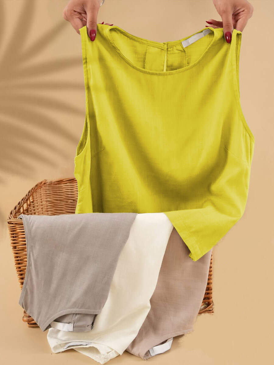 🔥Summer Arrivals🌟Women's Solid Color Round Neck Sleeveless Casual Linen Vest Top
