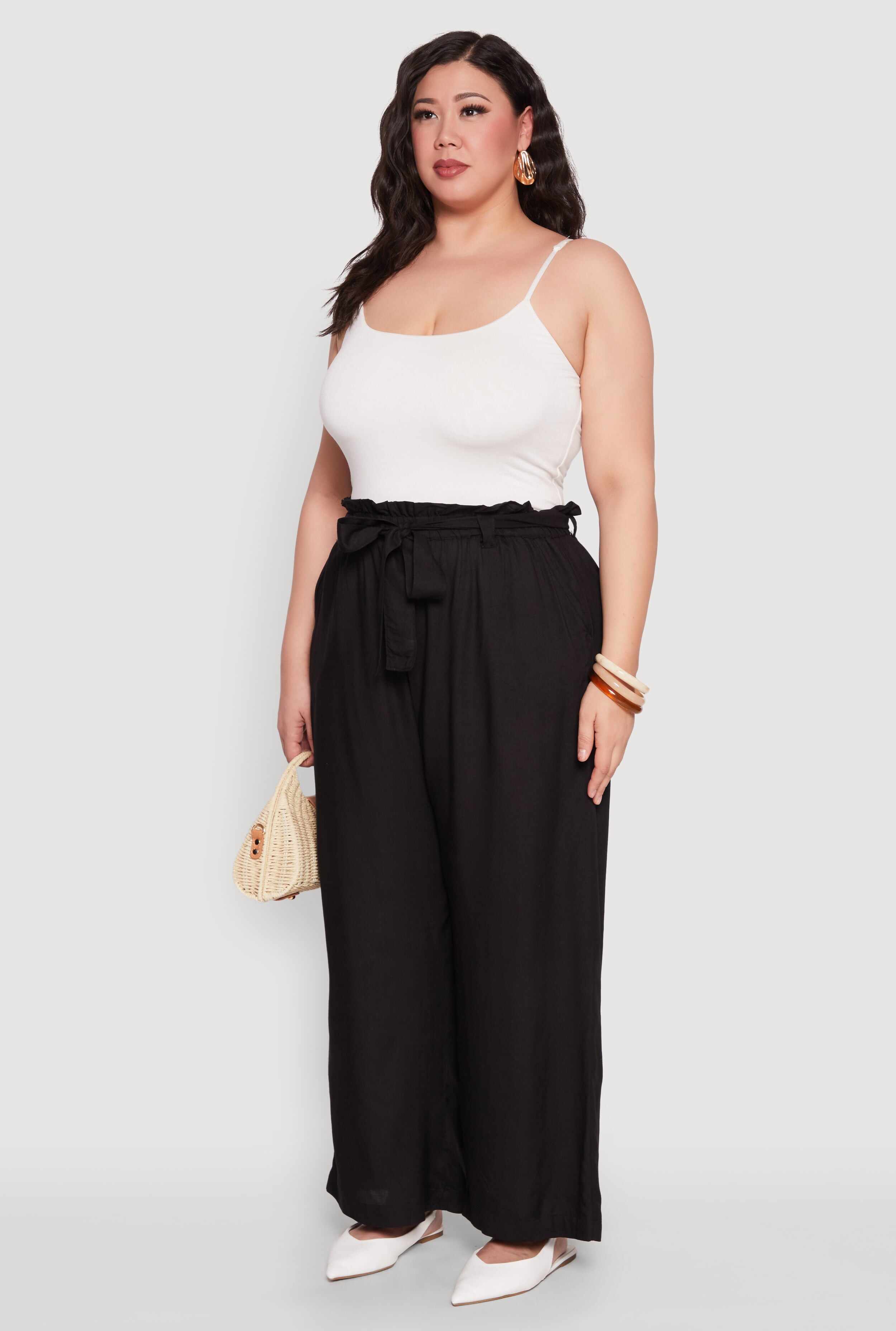 Plus Size Paper Bag Waist Belted Pants