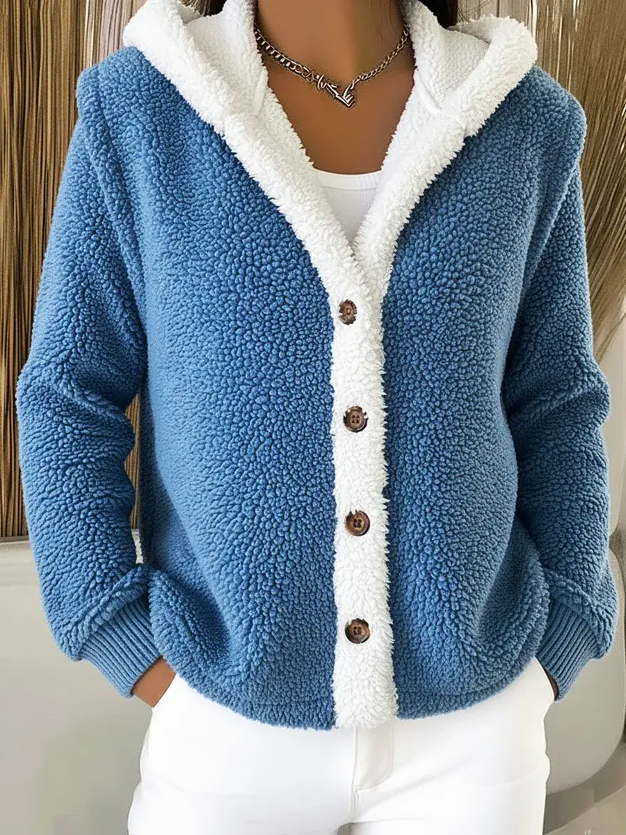 Casual Lambswool Warm Colorblock Hooded Button Jacket