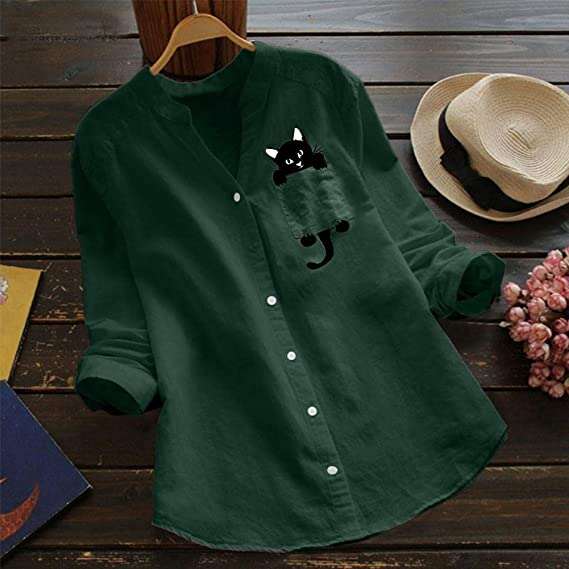 🔥V-neck Cotton And Cat Print Long Sleeve Blouse