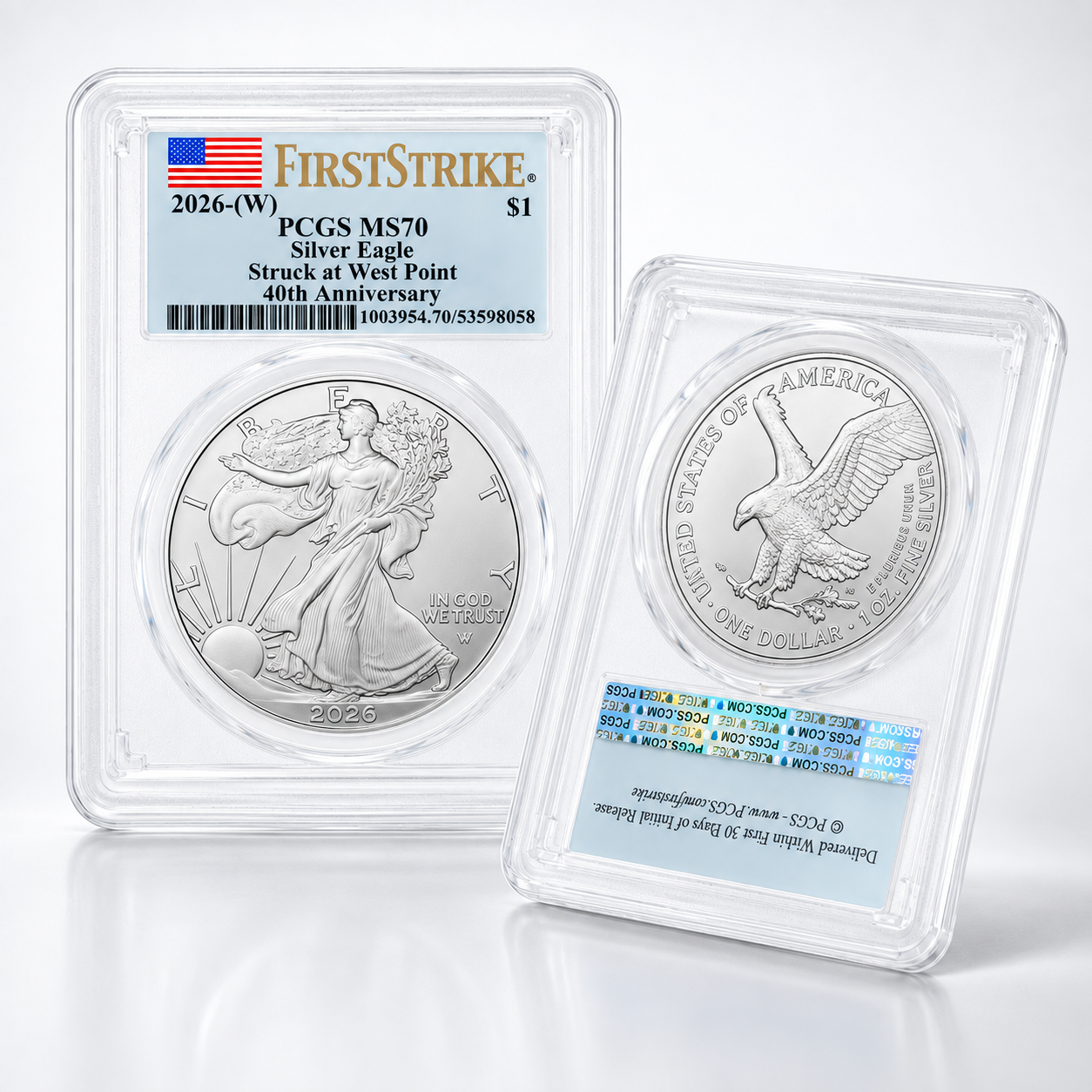 2026 1 oz American Silver Eagle MS70 (First Strike , 40th Anniversary, Struck at West Point, Flag Label)