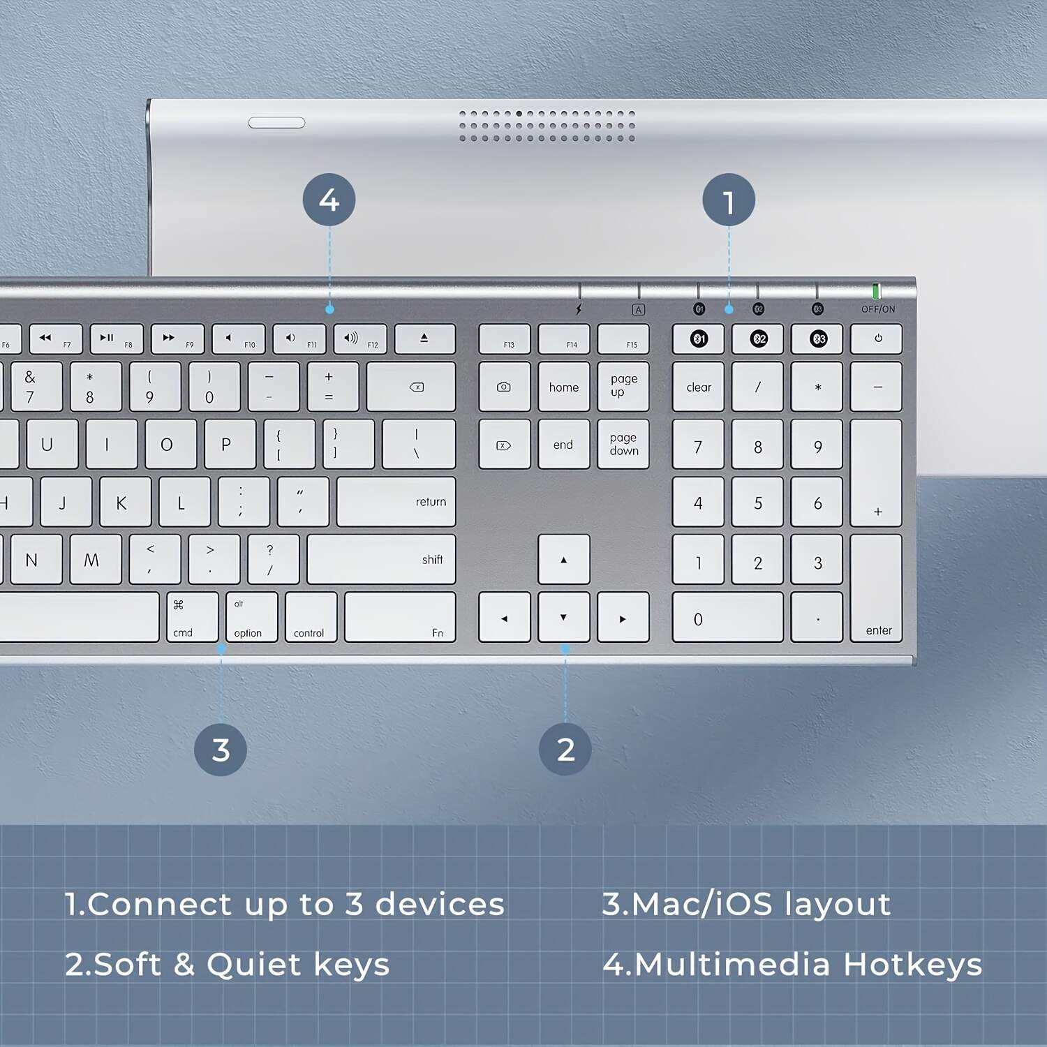 BT Keyboard for Mac- Rechargeable Full Size Keyboard for THREE Devices, Slim Quiet Keyboard with Numeric Keypad Compatible for MacBook Pro/Air, IMac, for iPhone, for iPad Pro/Air/Mini