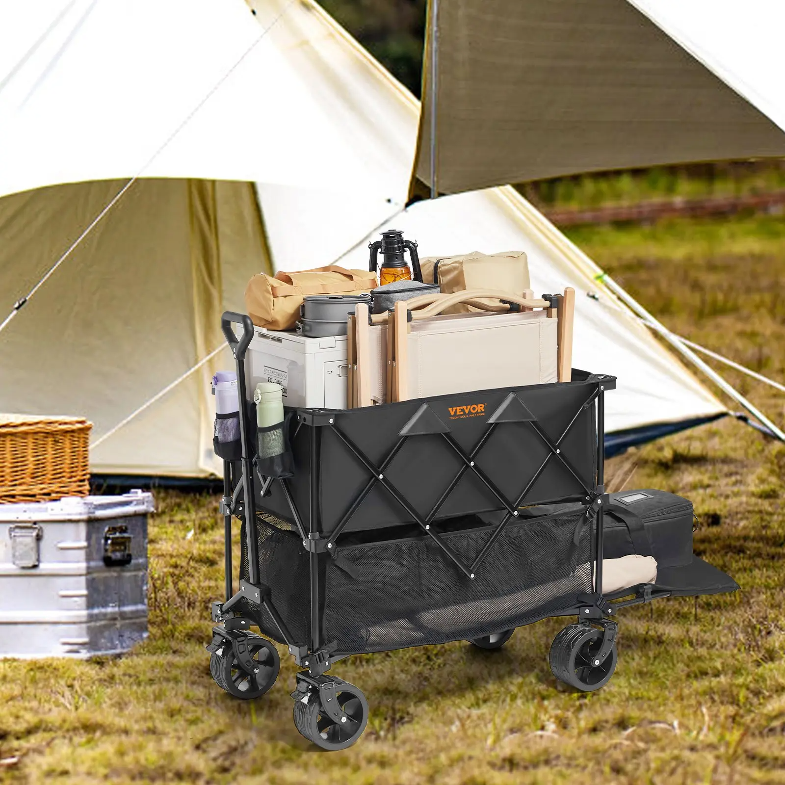 Foldable Double Decker Wagon, Collapsible Wagon Cart with All-Terrain Wheels, Heavy Duty Folding Wagon Cart for Camping, Shopping, Garden, 52