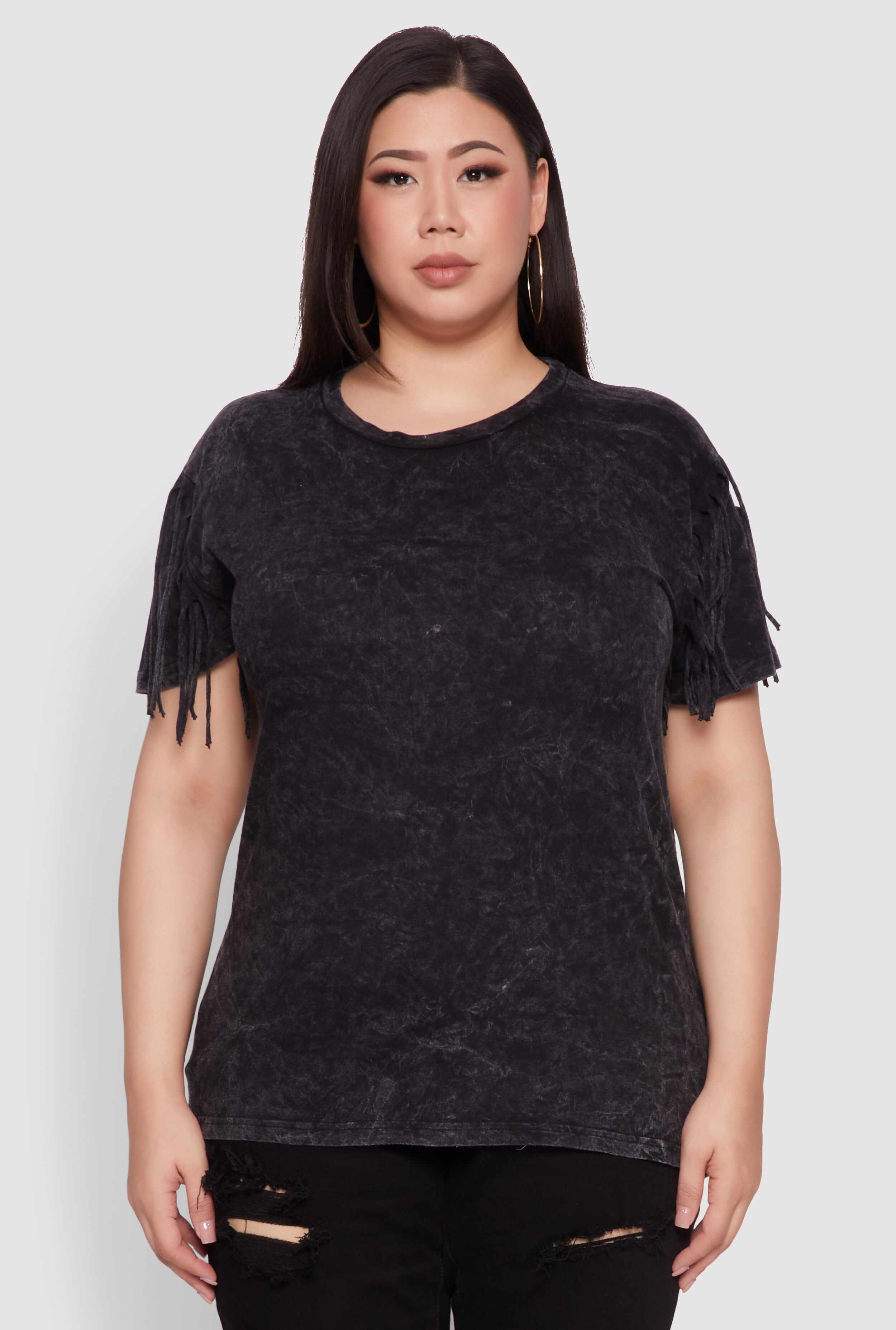 Plus Size Trendy Mineral Wash Fringe Sleeve Tee