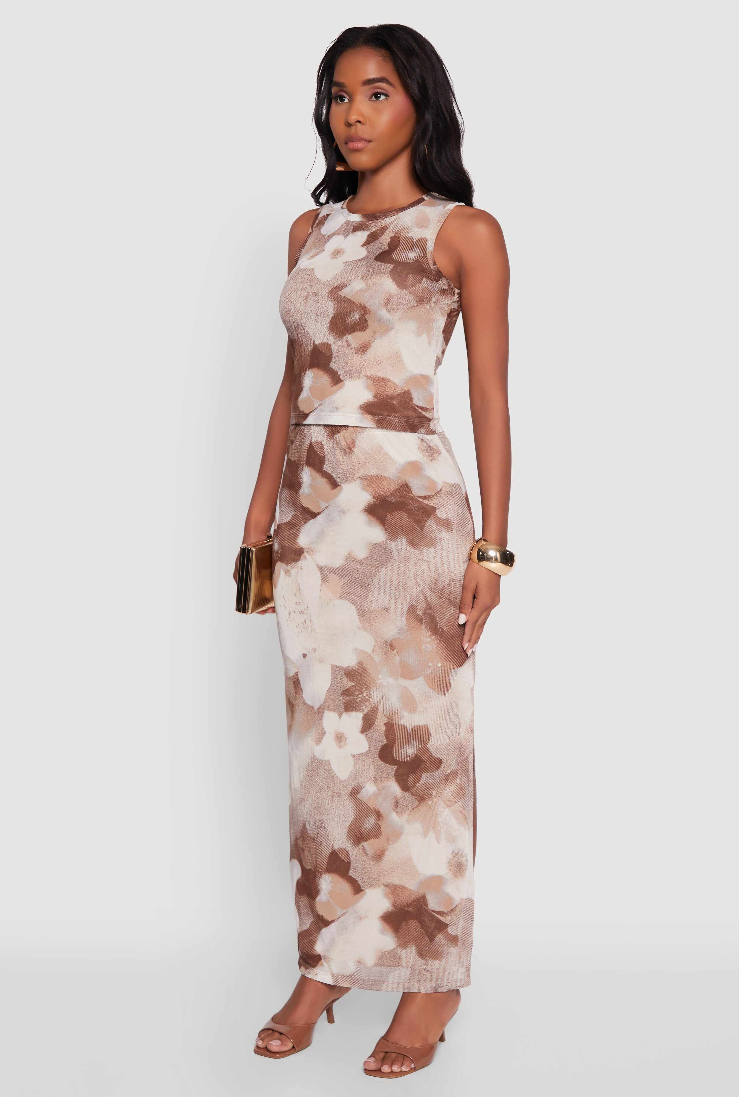 Printed Patterned Mesh Tank Top and Side Slit Maxi Skirt
