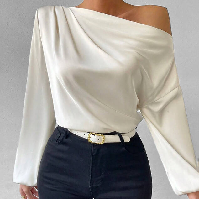 Women's Elegant Draped Skew Neck Long Sleeve Solid Satin Blouse