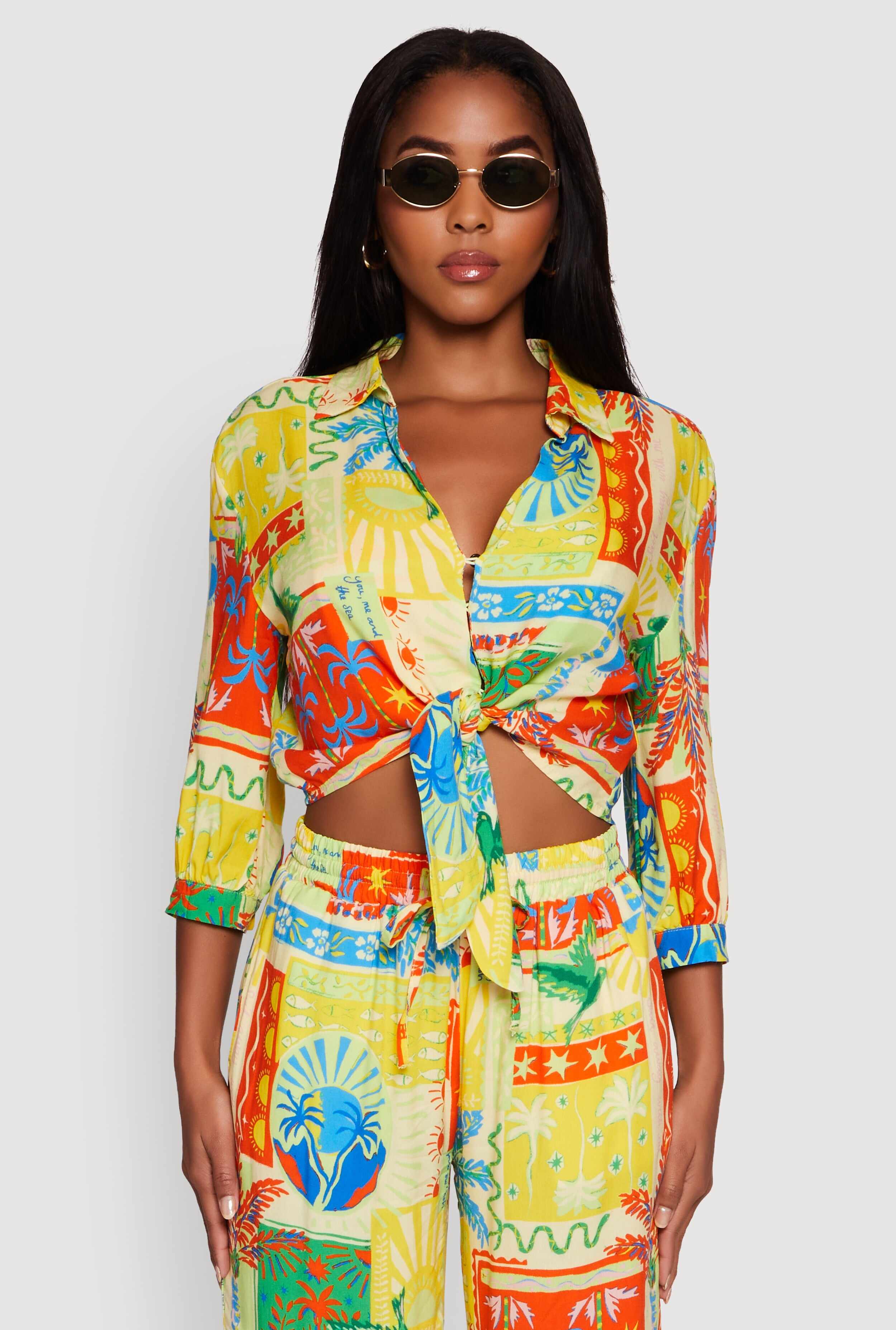 Printed Pattern Tie Front Crop Button Front Blouse