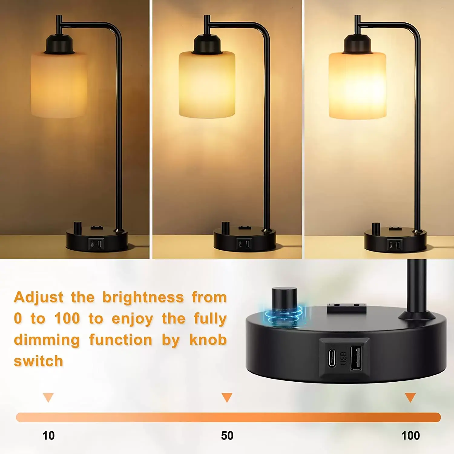 Industrial Bedside Table Lamp for Bedroom - Nightstand Lamps with USB C Charging Port, Fully Dimmable Black Lamps with USB Ports and Outlets, Small Desk Lamp with Glass Shade for Office Living Room