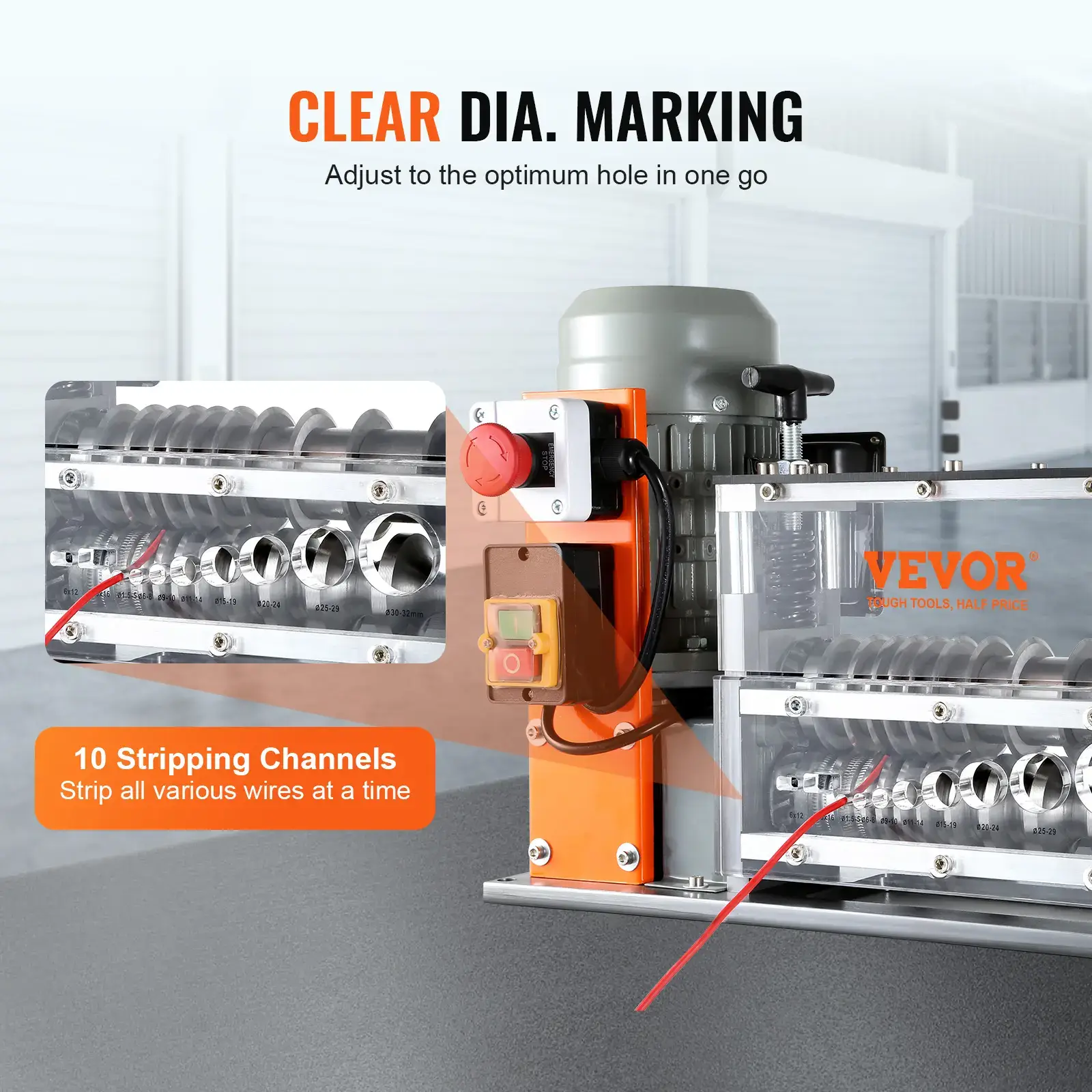Automatic Wire Stripping Machine,0.06''-1.26'' Electric Motorized Cable Stripper, 750 W, 98 ft/min Wire Peeler with Visible Stripping Depth Reference, 10 Channels for Scrap Copper Recycling Heavy Duty Tool