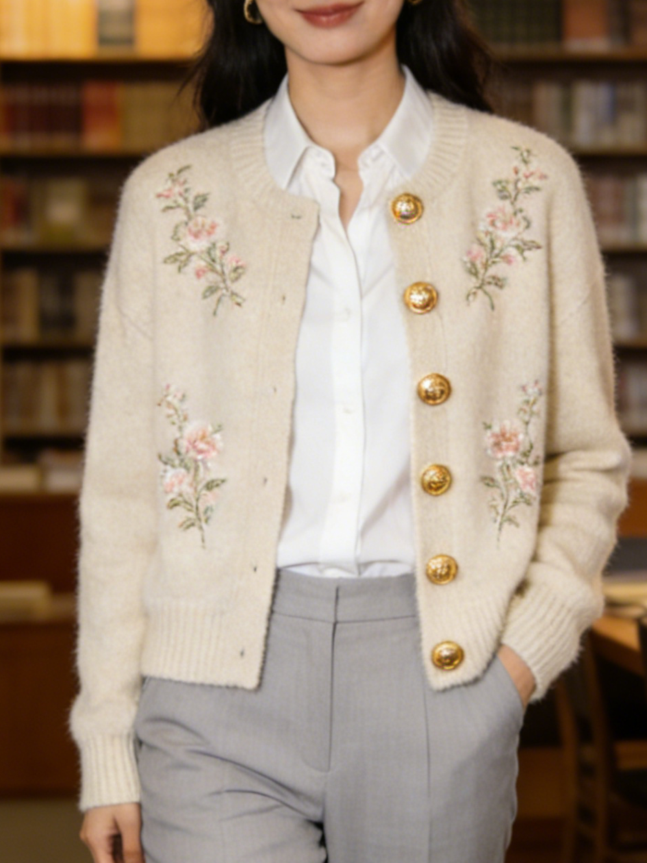 New Beige Embroidered Button Patchwork Cashmere Knit Coats Fall
