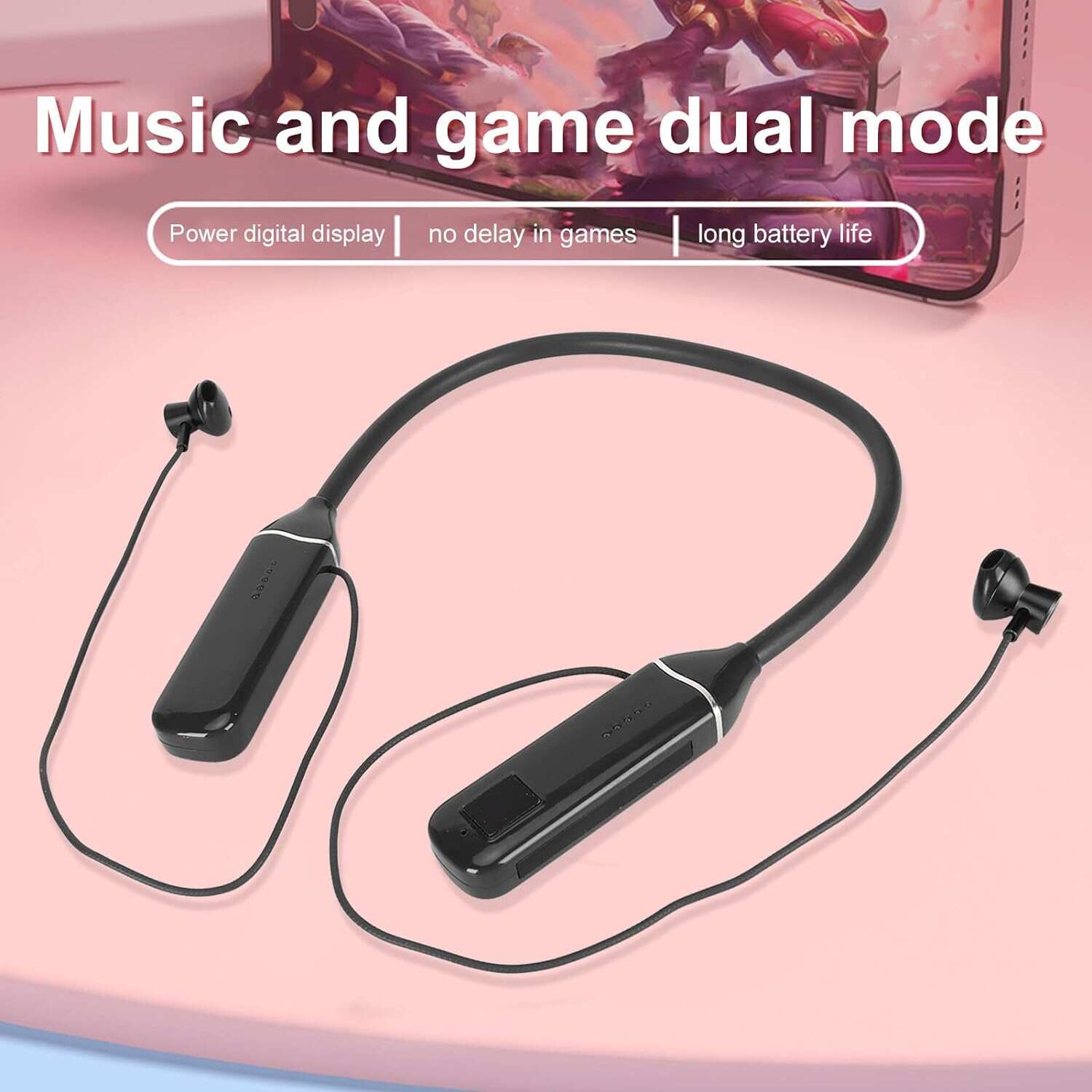 Bluetooth Neckband Headphone, Neckband Earphones Wireless, LED Power Display Memory Card Playback Magnetic Earbuds Headset with RGB Backlight (Black)