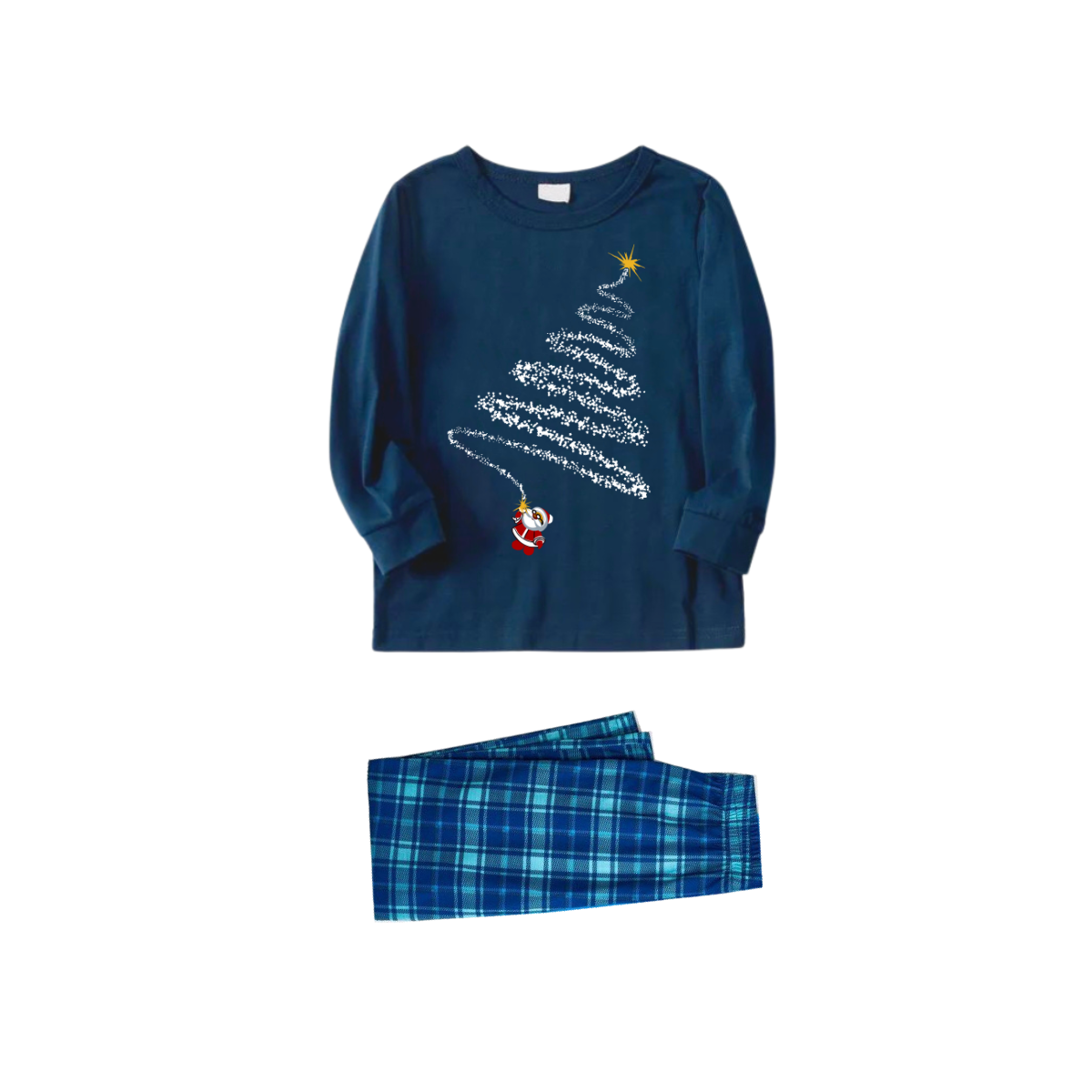 Childish Santa Claus and Christmas Tree Patterns Blue Long Sleeve Top With Blue&Green Plaid Family Matching Pajamas and Nightgown
