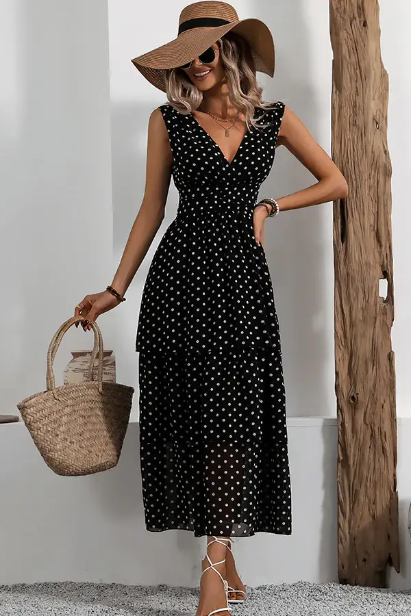 Fashion Polka Dots Print V Neck Maxi Dress