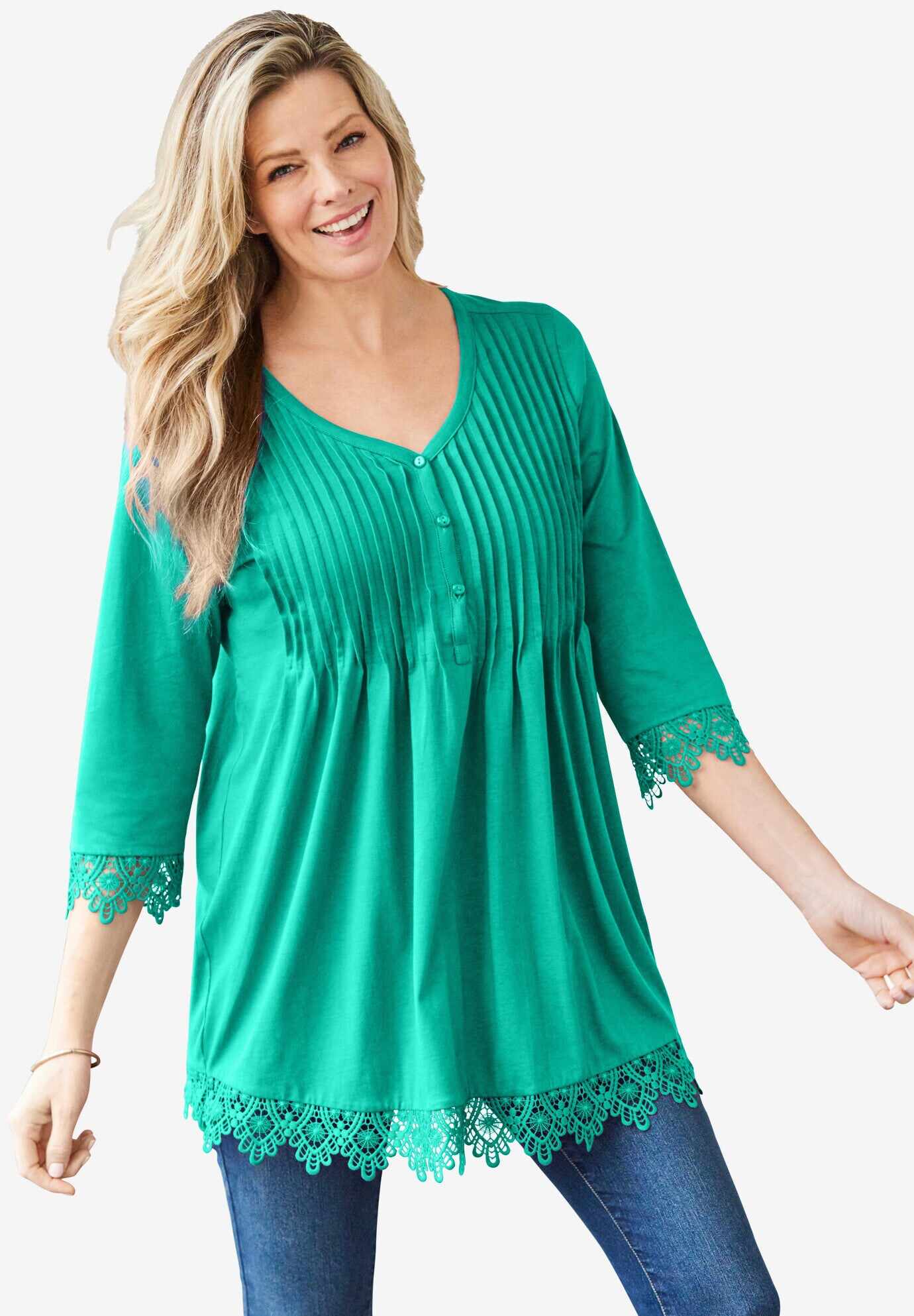 Pintuck Henley Crochet Trim Tunic