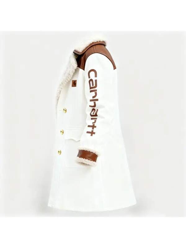 Women's Vintage White Leather Contrast Fleece Faux Fur Lining Coat-Khaki