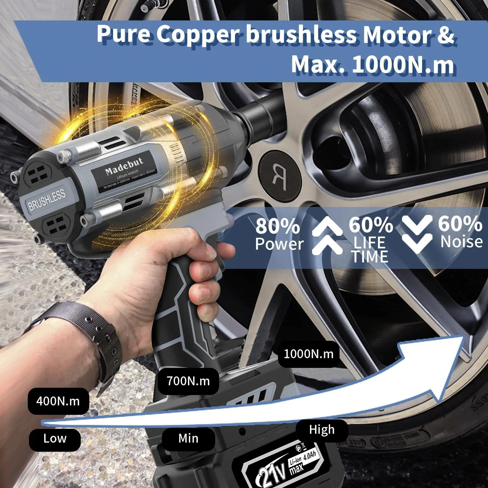 1000N.m Cordless Impact Wrench, All-Metal Cordless Impact Gun with 2 * 4.0Mah, 3-IN-1 Electric Impact Wrench with 5 Sleeves, High Torque 1/2 Impact Wrench