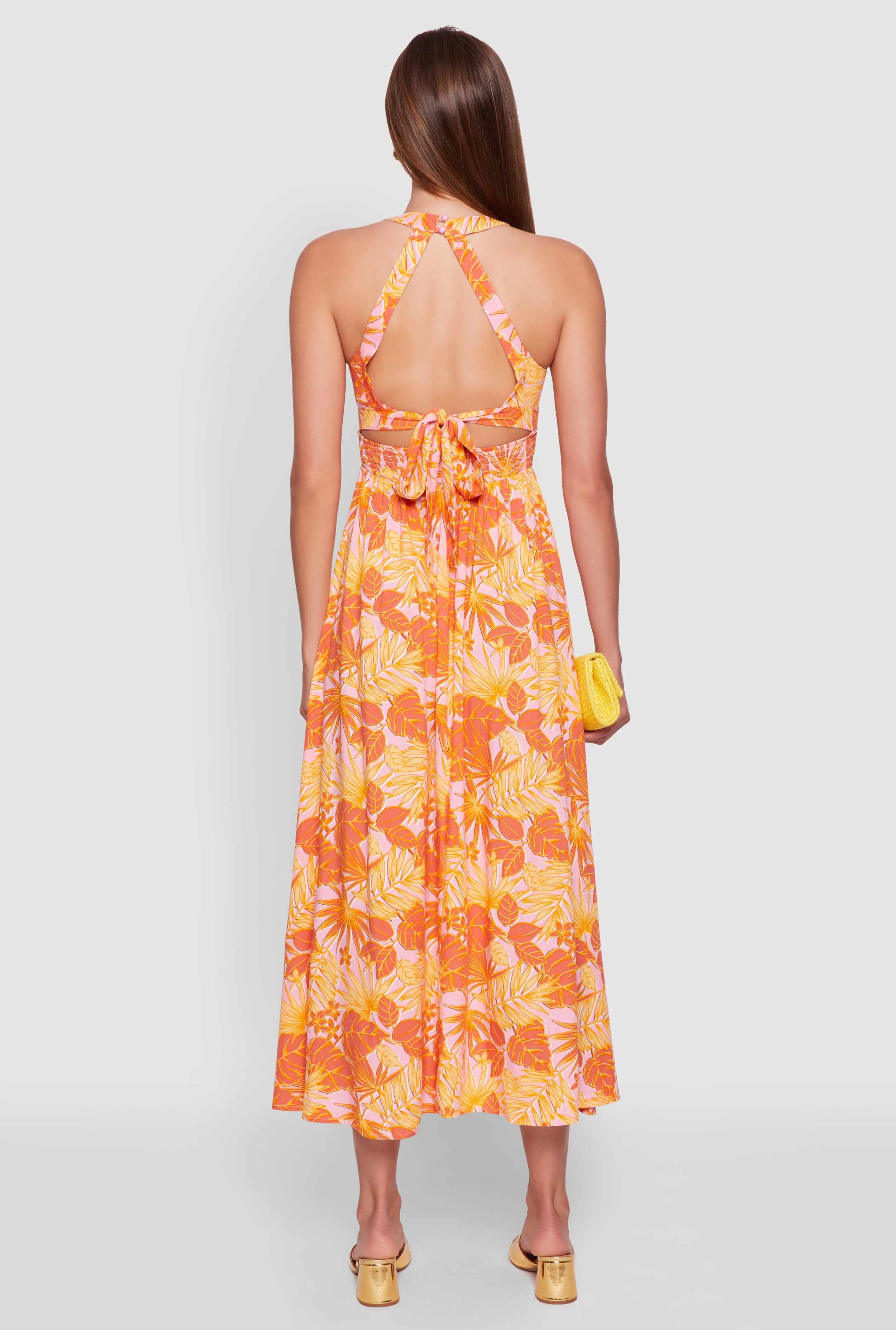 Iris Leaf Print Halter Dress with Crochet and Smocked Details