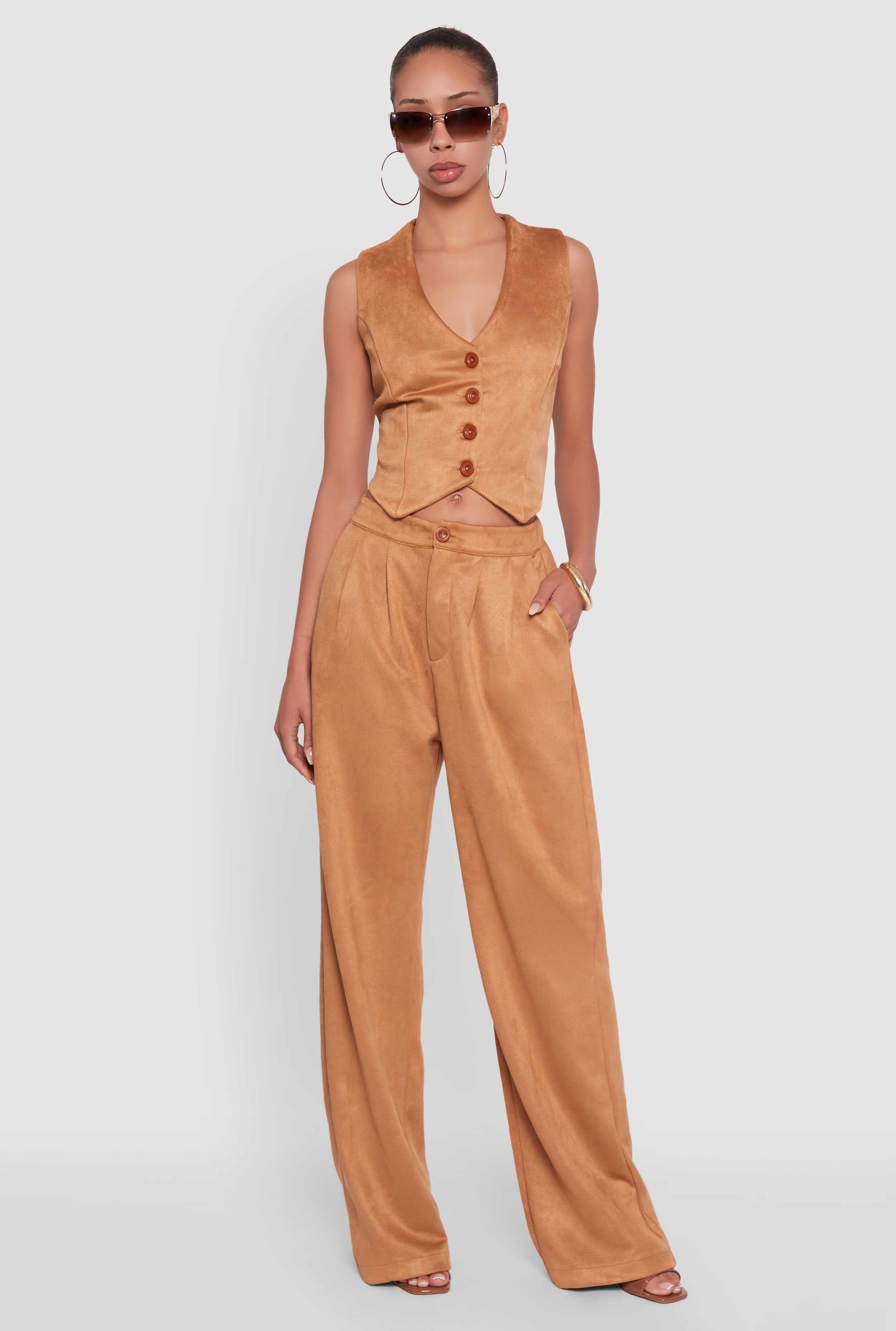 Faux Suede High Waist Pleated Dress Pants