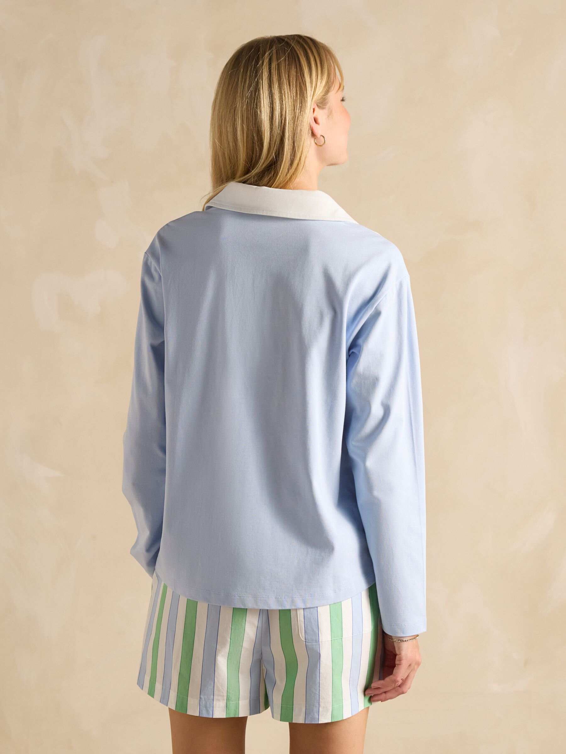Tallie Blue Long Sleeve Combed Cotton Collared Top