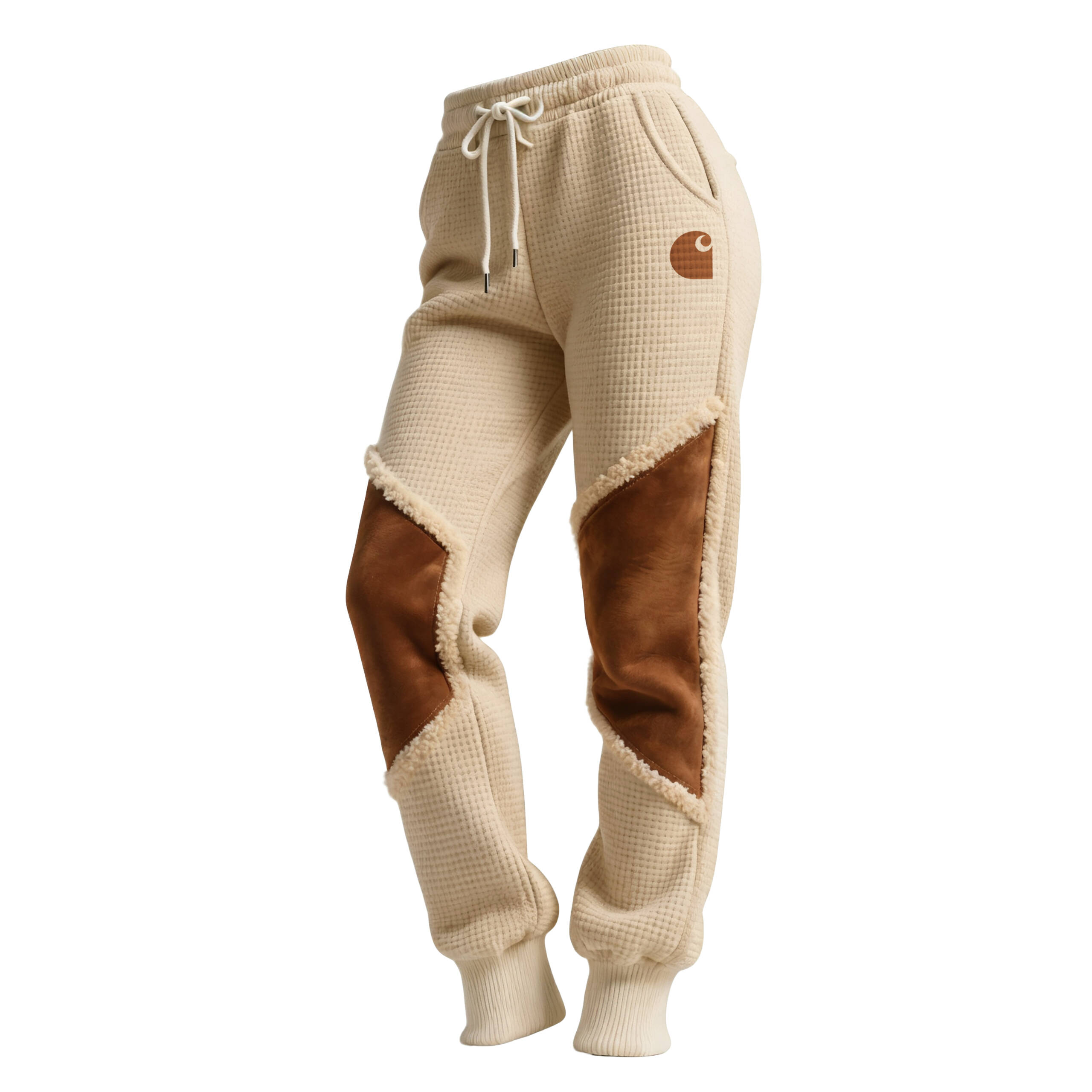 Women's Retro Western Waffle Contrast Suede Track Pants-Black