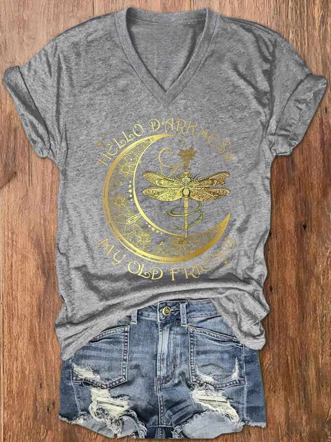 Women's Hippie Hello Darkness My Old Friend Printed V-Neck T-Shirt