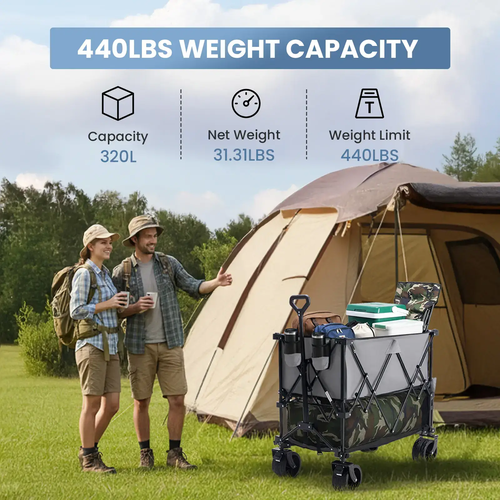 Large Capacity Folding Double Decker Wagon with Brakes, 440 lbs Wagons Carts Foldable Wagon Cart with Flexible Handle, All-Terrain Big Wheels for Grocery Sports Garden Camping
