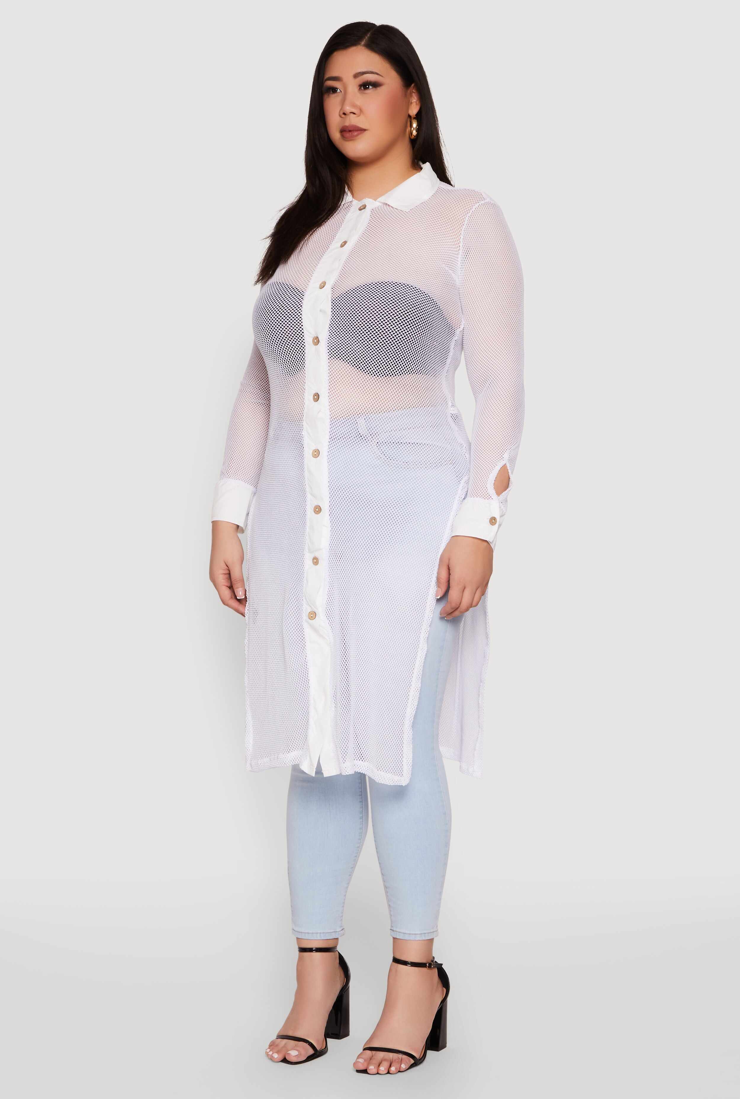 Plus Size Fishnet Side Slit Maxi Top