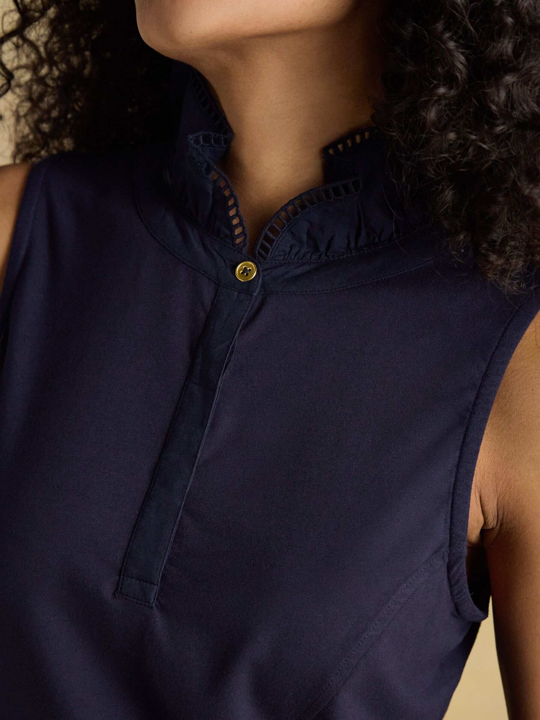 Kate Navy Sleeveless Frill Neck Top