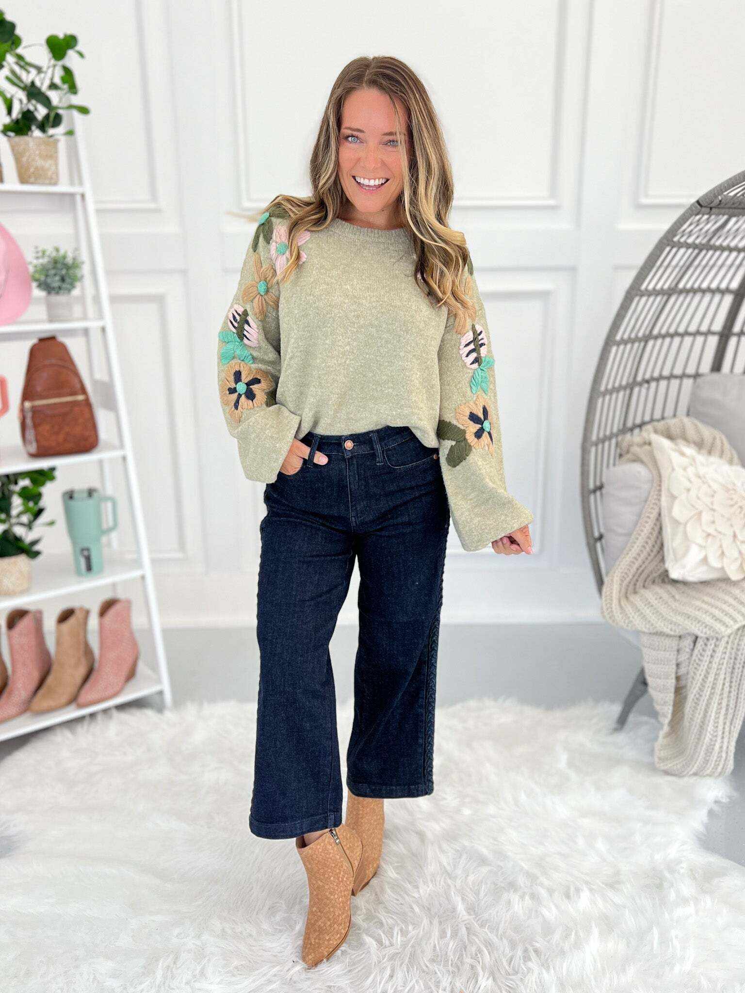 Short And Sweet - Christmas Braided Side Seam Cropped Wide Jeans- Final Sale