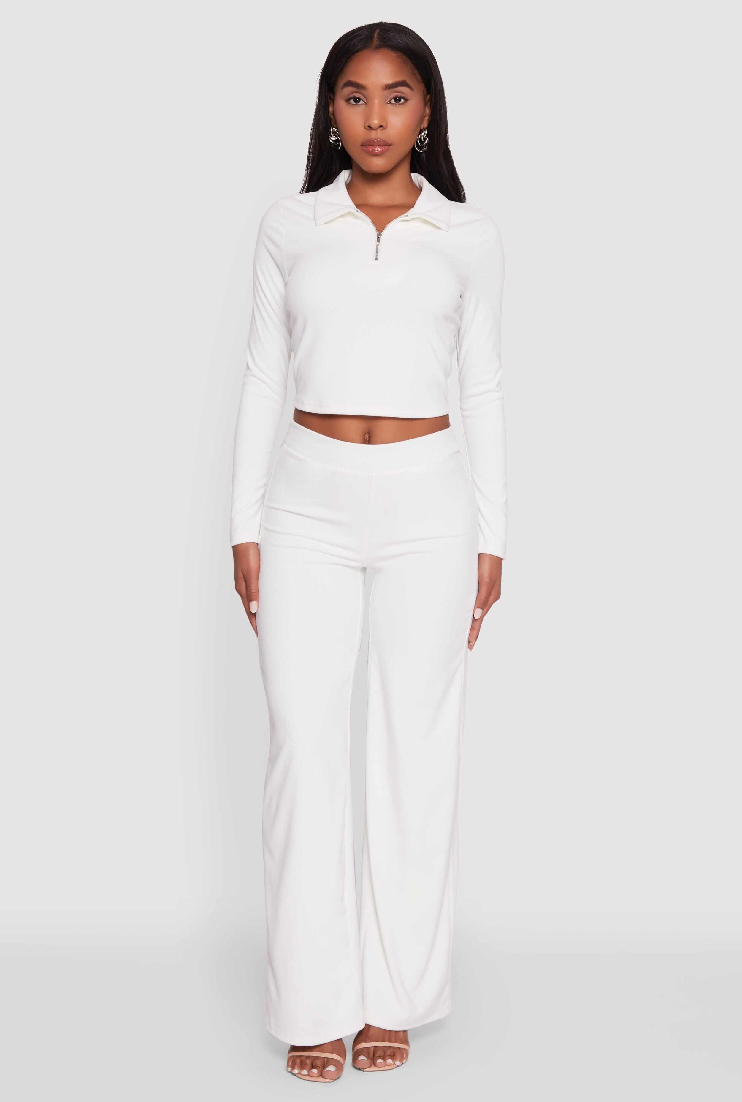 Brushed Knit Long Sleeve Quarter Zip Cropped Polo