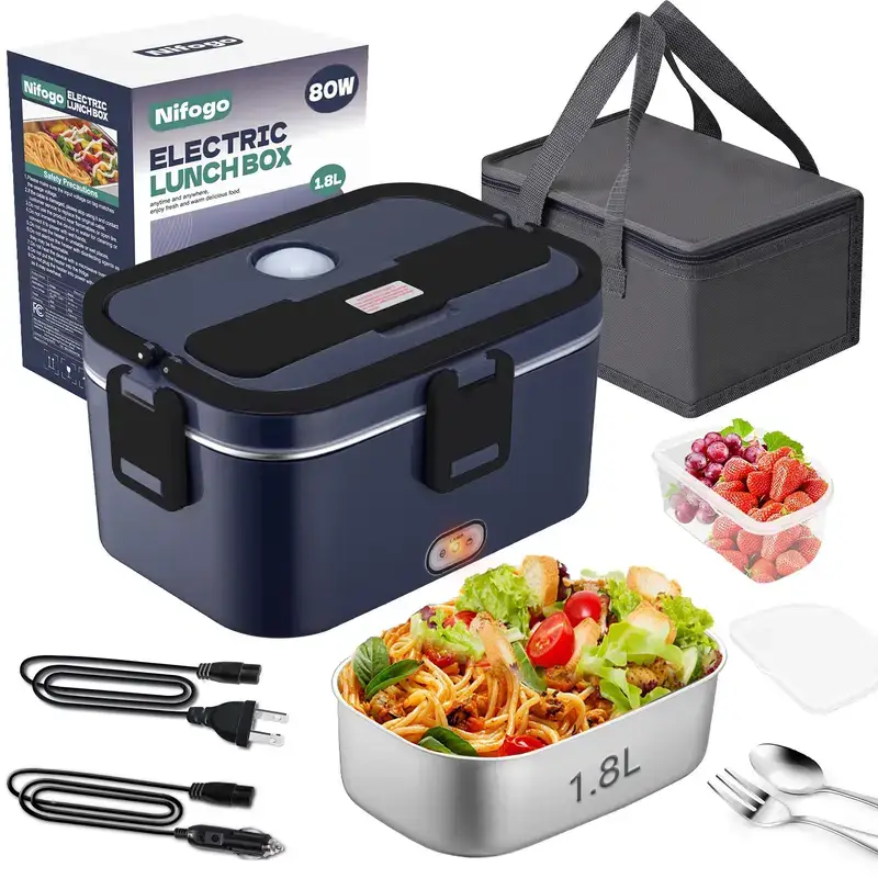 80W Electric Lunch Box Leakproof Design 1.5L 1.8L Car Portable Food Heater With Cutlery Bag For Office Workers Students