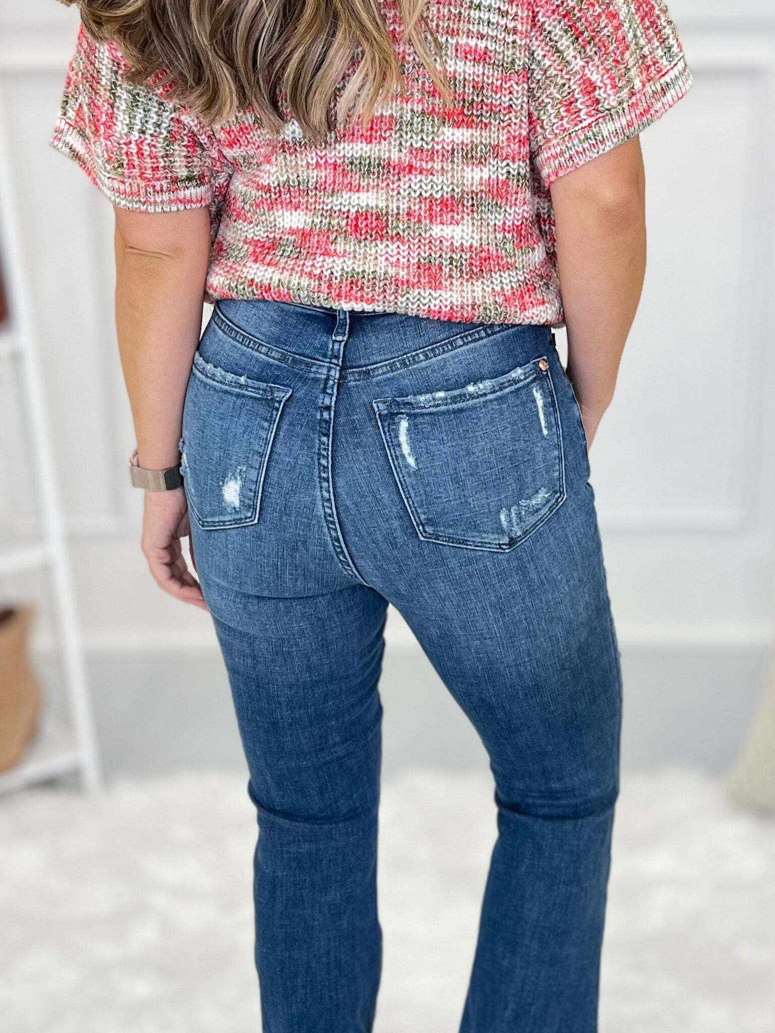 Head Over Heels - Christmas Distressed Flare Jeans- Final Sale