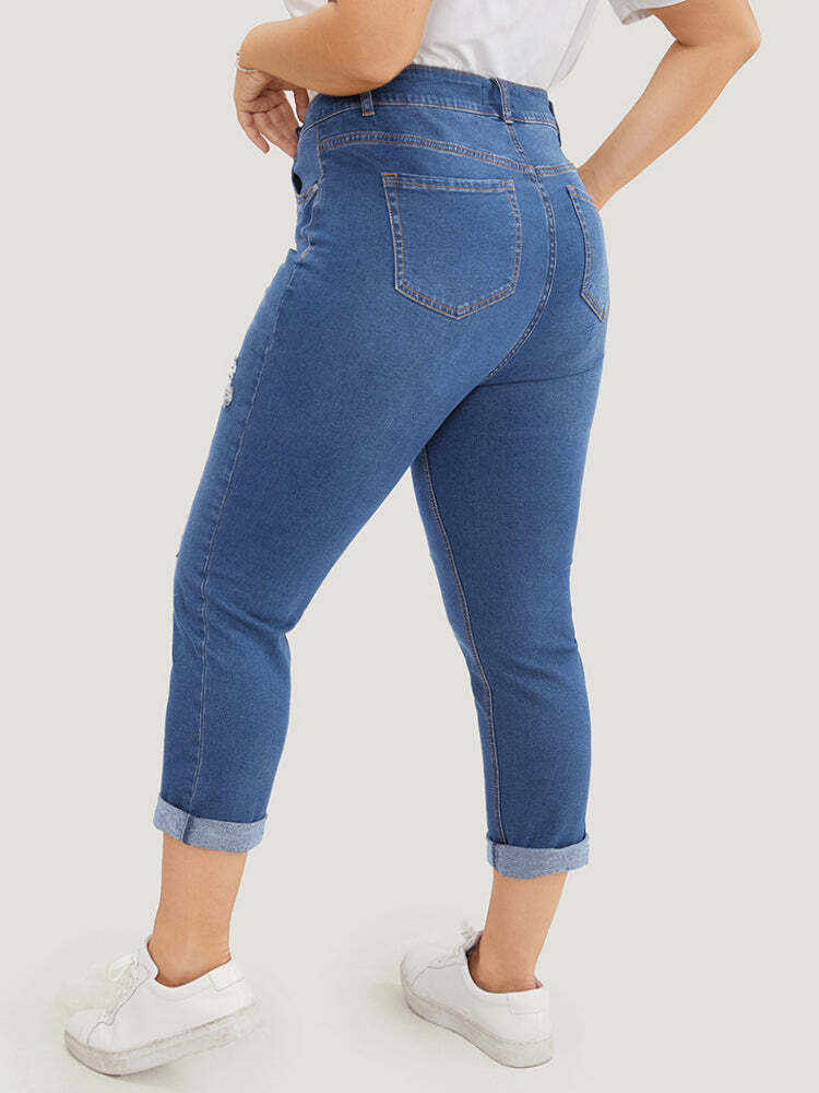 Very Stretchy  Dark Wash Roll Hem Cropped Jeans