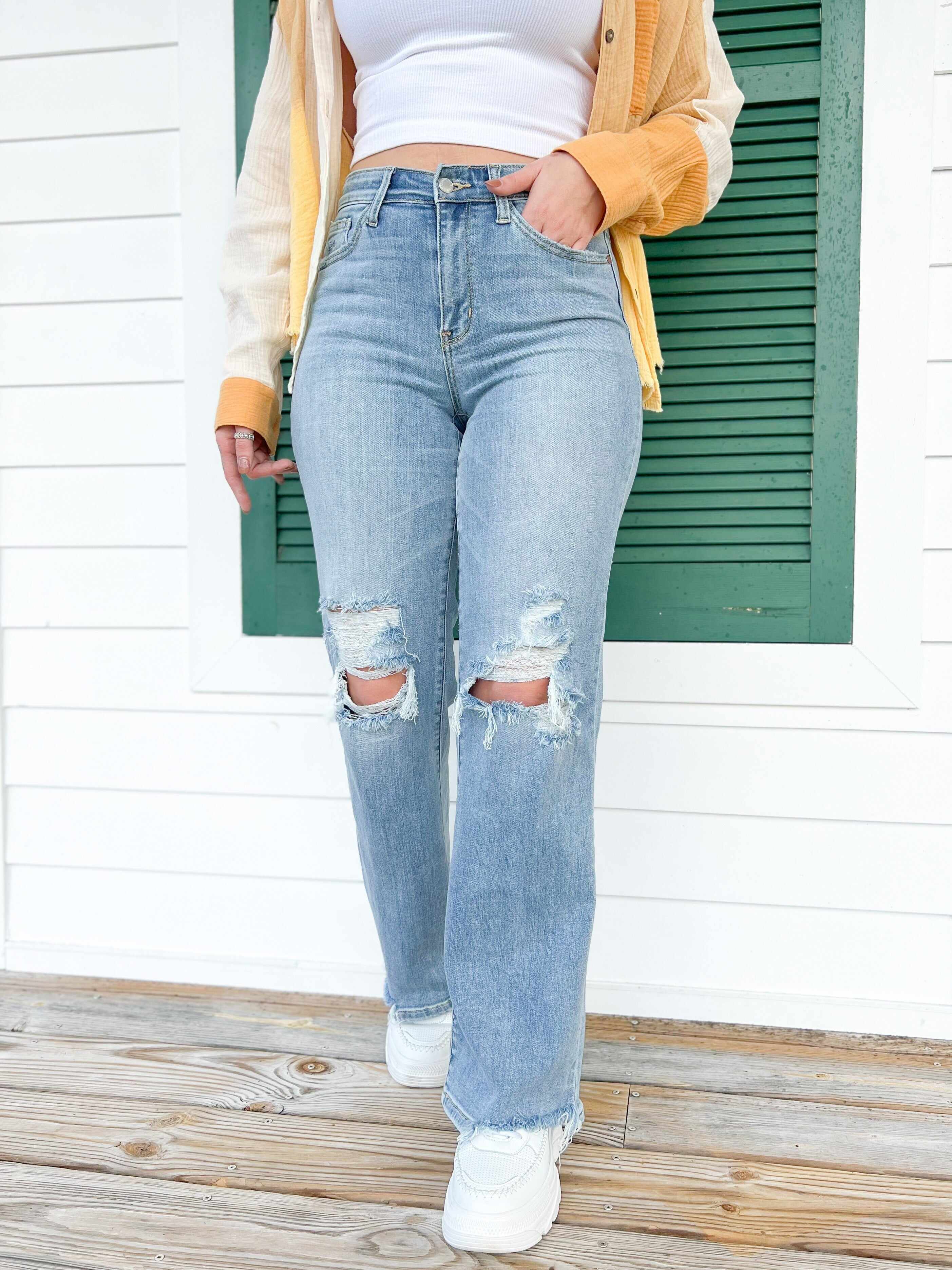 🔥Hot Sales🔥Wonderwall High Rise 90s Destroyed Knee Straight Leg Jeans