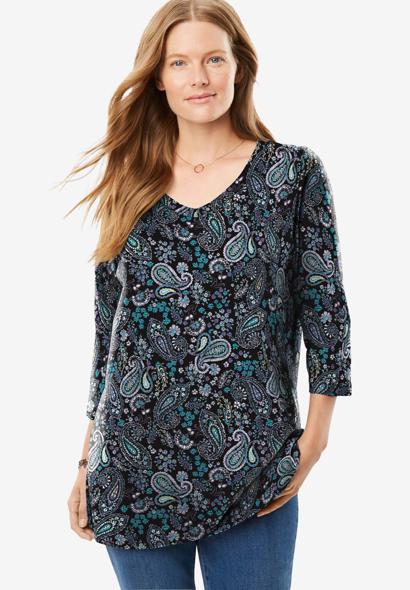 Perfect Printed Three-Quarter Sleeve V-Neck Tee