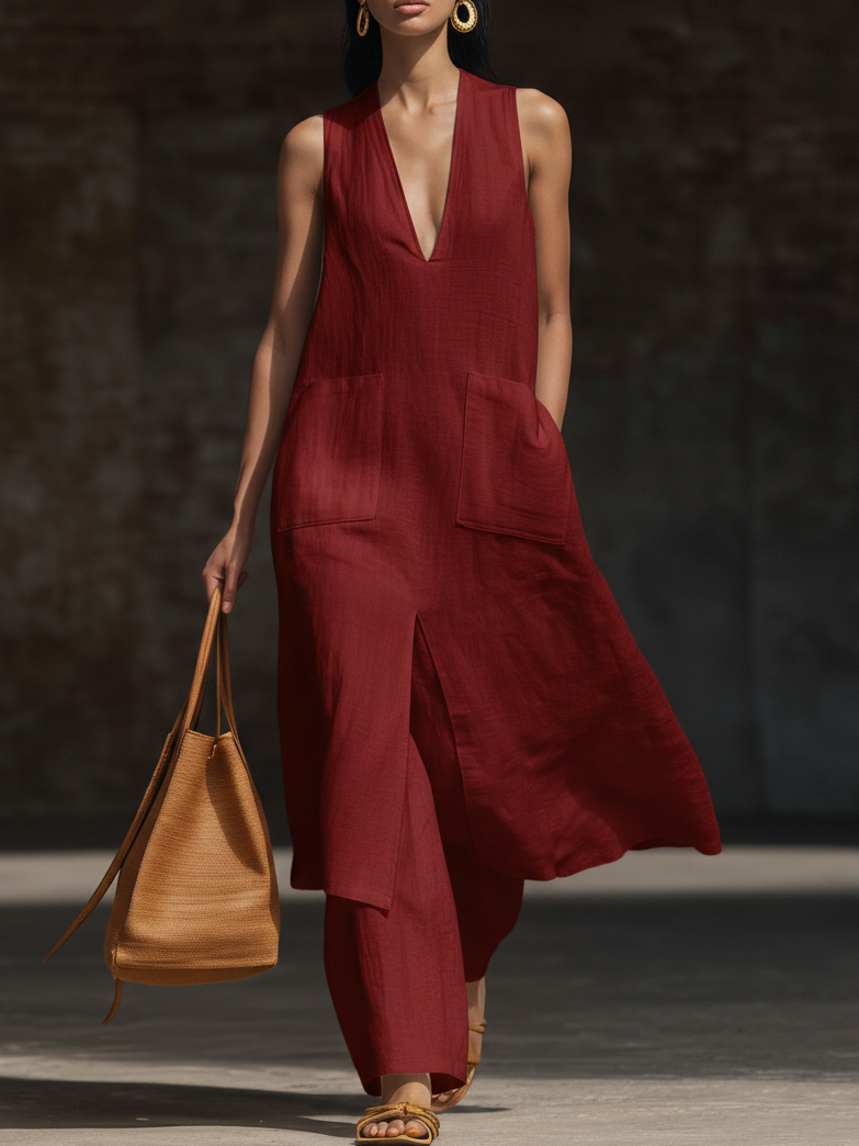🔥Summer Arrivals🌟Stylish V-neck Long Shirt And Wide-leg Pant Linen Two-piece Set