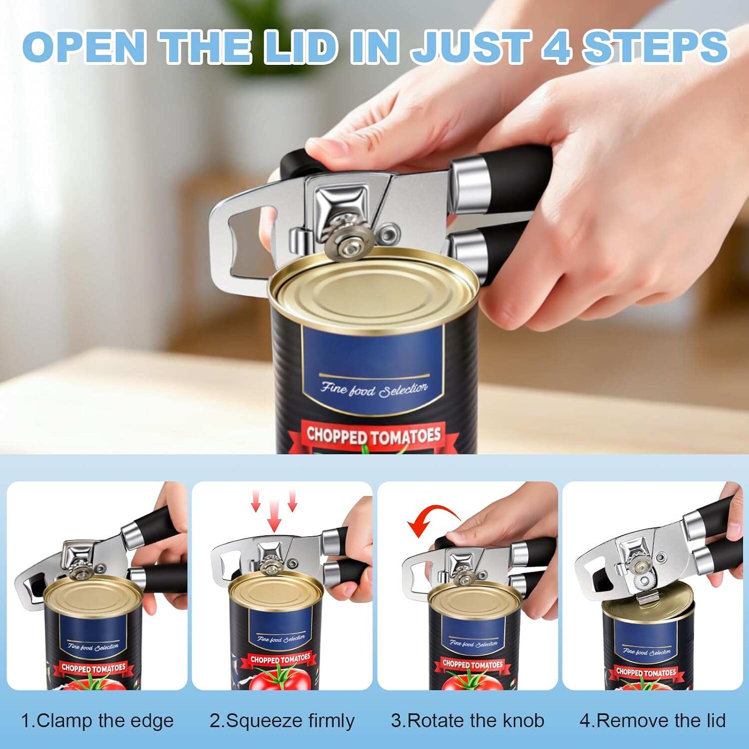 Can Opener Manual, Heavy Duty Stainless Steel Can Opener and Bottle Opener with Magnet, Multifunctional Kitchen Tool, Sharp Cutting Wheel, Soft Ergonomic Handle, Oversized Turn Knob, Black